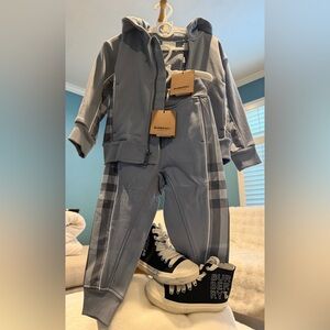 BURBERRY Kids Blue Gray Sweatpants and Hoodie Set & Hi Top sneakers